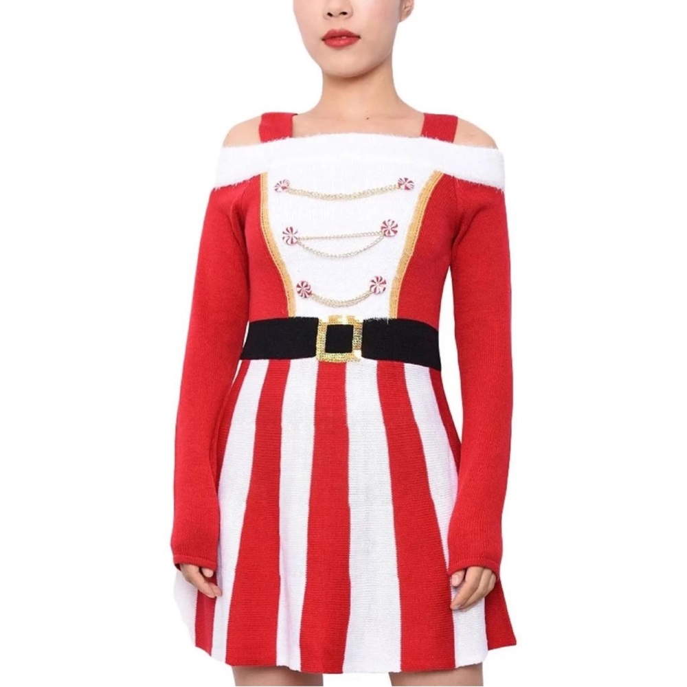 Planet Gold Juniors' Santa Cold-Shoulder Sweater Dress